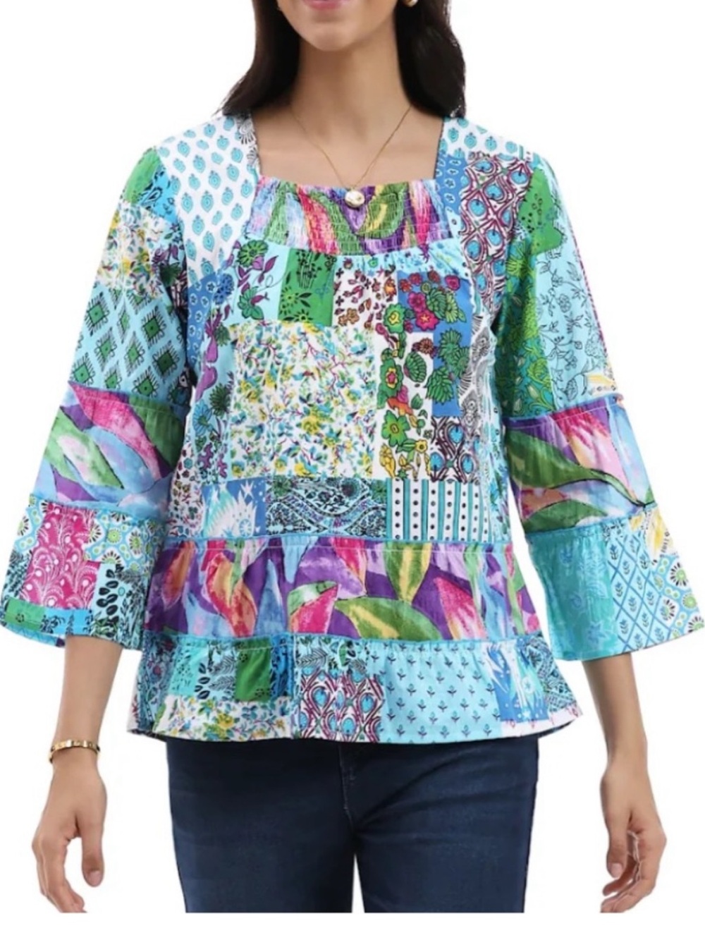 Boho Patchwork Square-Neck Top in Aqua Multi